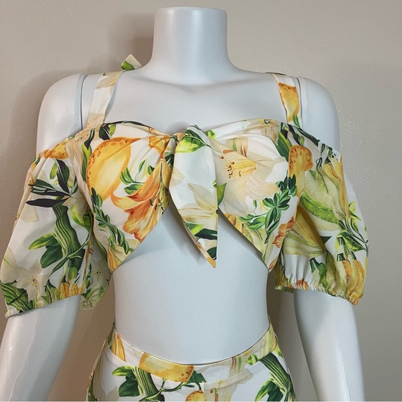 Yellow green cold shoulder smocked top high waisted wide leg pants set - Picture 4 of 12